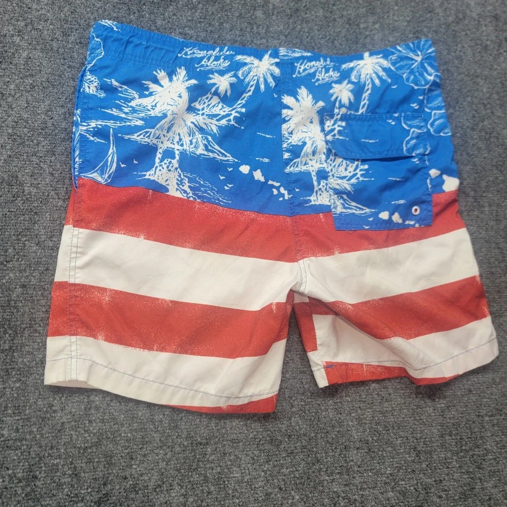 Arizona Jean Co Mens Medium Swim Trunks American Flag Honolulu Aloha Blue Red